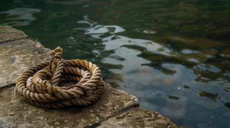 A rope is tethered to a rock by the fluid landscape of water, swaying with each wind wave. The electric blue waves create a mesmerizing art event AIG50の素材
