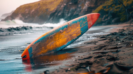 A surfboard rests on the beach as the sun sets, casting a golden glow over the water. The wind waves gently lap at the shore, creating a peaceful and serene natural landscape AIG50の素材