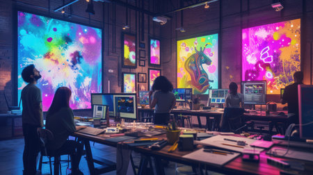 A man is using a computer in an office building, surrounded by tables, paintings, and art in a magenta-themed room. AIG41の素材