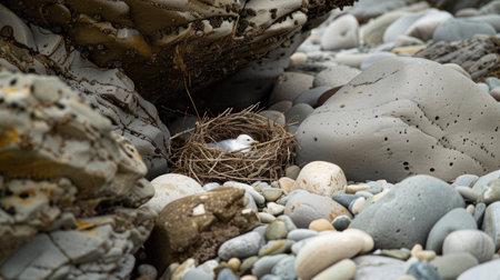 A seabird with a sharp beak, part of the Charadriiformes order, is perched on a rock nest made of natural materials on the bedrock soil landscape AIG50の素材