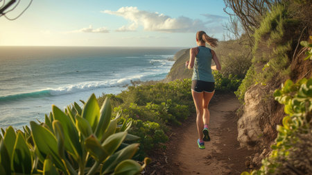 A woman enjoys leisurely running along a coastal path, surrounded by the natural landscape of ocean, sky, plants, beach, and grass. AIG41の素材
