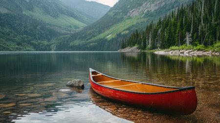 A red canoe is docked on the shore of a picturesque lake with majestic mountains towering in the background, surrounded by a serene natural landscape under a cloudy sky AIG50の素材