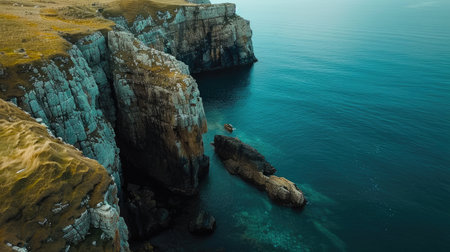 A stunning aerial view of a cliff by the ocean, where the fluid water meets the natural landscape, creating a picturesque and tranquil scene under the open sky AIG50の素材