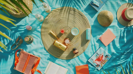 Aqua picnic blanket with an azure round table surrounded by green pillows and a magenta patterned circle. An artistic and electric blue design for a cozy outdoor gathering with a touch of nature AIG50の素材