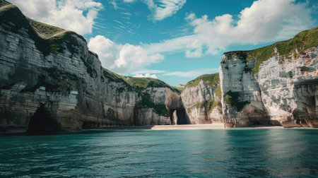 A boat navigates through a canyon alongside a tranquil body of water, surrounded by towering bedrock and a picturesque natural landscape AIG50の素材
