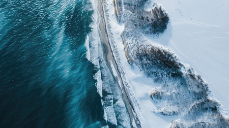 An aerial perspective of a frozen snowy cliff meeting the azure waters of the ocean, showcasing the beauty of this natural geological phenomenon AIG50の素材