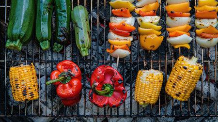 A variety of colorful bell peppers and chili peppers are sizzling on the grill, ready to be used as ingredients in a delicious recipe. These natural foods add flavor and nutrition to any cuisine AIG50の素材