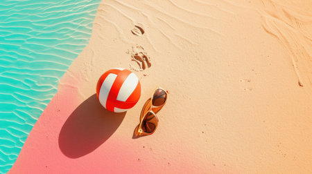A beach ball and sunglasses are lying on the sandy shore, creating a colorful contrast against the landscape. Its a pictureperfect scene for leisure and recreation AIG50の素材
