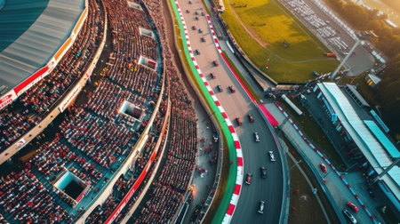 Aerial view of racing car driving car at race track surrounded with smart spectator cheering and watching the competition at grand stand. Top view of group of car racing along the race track. AIG42.の素材