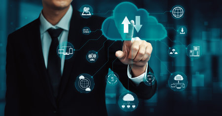 Cloud computing technology and online data storage for business network concept. Computer connects to internet server service for cloud data transfer presented in 3D futuristic graphic interface. udsの写真素材
