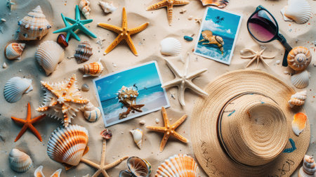 On the beach, a hat, sunglasses, seashells, starfish, and photos are scattered on the sand. The aqua water creates a stunning landscape for leisure and fun events AIG50の素材