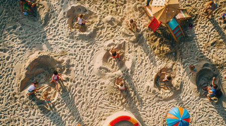 A group of children are leisurely playing in the sand on a beach, creating art and exploring the rock landscape. The beach offers a perfect setting for recreation and adventure AIG50の素材