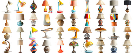 Big collection set of lamp in various styles retro vantage and modern bedside nightstand lighting different table lamp for interior decoration furniture element, isolated on transparent backgroundの素材