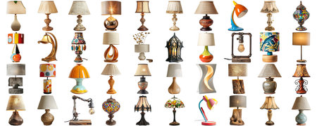 Big collection set of lamp in various styles retro vantage and modern bedside nightstand lighting different table lamp for interior decoration furniture element, isolated on transparent backgroundの素材