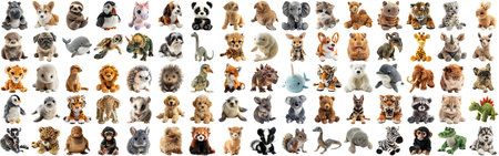 Big set of cute fluffy animal dolls for nursery and children toys, many animal plush dolls photo collection set, isolated background AIG44の素材