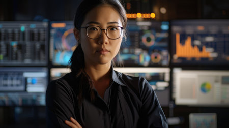 The picture of the data analyst that working inside room that has been filled with the monitor, the data analyst require skills like statistical analysis, research skills and time management. AIG43.の素材