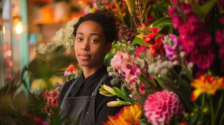 The picture of the florist working inside the workshop about the flower, the florist need to has the knowledge of the flower, flower trends, preservation, flower design skill and creativity. AIG43.の素材