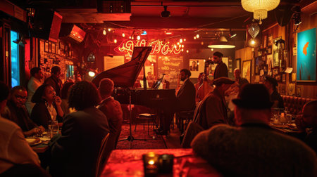 An evening at a jazz club, musicians in mid-performance, intimate lighting, audience engagement, capturing the essence of live music. Resplendent.の素材