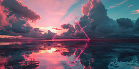 The great pinkish floating triangle beyond the ocean that surrounded with a lot amount of the tall cloud at the dawn or dusk time of the day that shine light to the every part of the picture. AIGX03.の素材