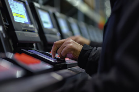 Close up of business man hand checking data by using machine at company with blurring background. Project manager looking at financial statistic while wearing formal and tapping at computer. AIG42.の素材