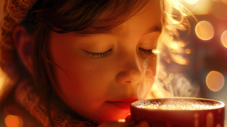 A happy toddler is joyfully smelling a cup of warm coffee, her tiny nose wrinkled in delight at the delicious aroma of the ingredients in the cuisine AIG50の素材