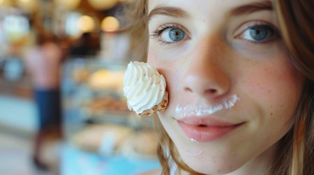 A woman indulges in a soft serve ice cream cone at a bakery, satisfying her food craving. With a smile on her face, she delicately licks the frozen dessert, eyelashes fluttering in delight AIG50の素材