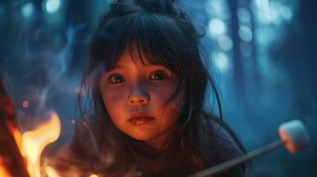 A young girl is enjoying the warmth and fun of sitting by the fire in the darkness of the night. The flickering flames cast a glow on her flesh as she watches the midnight event unfold AIG50の素材