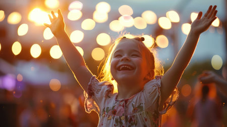 The toddler with electric blue eyes and surfer hair is smiling happily, gazing up at the sky with a sense of wonder and innocence, surrounded by lush green grass AIG50の素材