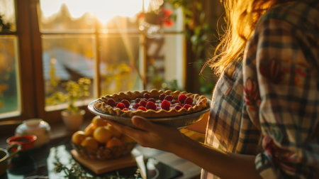 A woman is enjoying a piece of freshly baked pie on a tartan plate, savoring the flaky crust and tasty filling as she chews with satisfaction AIG50の素材
