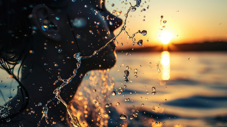 A woman is hydrating with water from the ocean at sunset, surrounded by a stunning landscape with trees and plants against a fiery sky AIG50の素材
