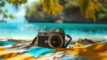 A camera is placed on a blanket at the beach, with the camera lens pointing towards the sea. It appears to be a digital camera, possibly a pointandshoot or mirrorless interchangeablelens camera AIG50の素材