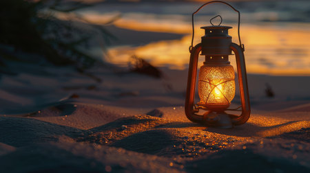A lantern illuminates the sandy beach at sunset, casting a warm glow over the water and painting the horizon in a beautiful dusk landscape AIG50の素材
