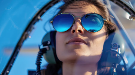 A woman with sunglasses and headphones is sitting in the cockpit of a plane, her face hidden behind the goggles. Her hair is pulled back as she prepares for takeoff AIG50の素材