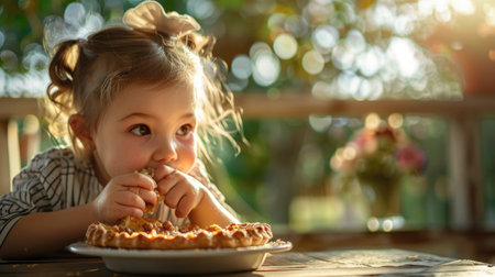 A young girl is seated at a table with a delicious pie in front of her. The aroma of freshly baked goods fills the room, enticing her to take a bite and share the tasty treat with others AIG50の素材