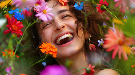 A woman adorned with a hat stands amidst a vibrant array of flowers, smiling in pure happiness. The scene is a beautiful display of nature and creativity AIG50の素材