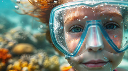 A young girl with diving equipment and a mask is exploring the underwater environment, swimming in the ocean to observe marine organisms and practice underwater diving AIG50の素材