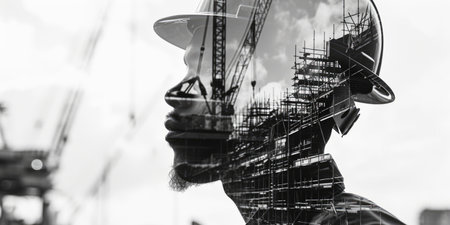 Double exposure of engineer wearing safety helmet with building construction or skyscraper. Close up portrait of architect or interior designer thinking about designing architectural building. AIG42.の素材