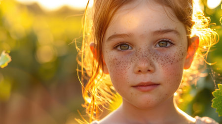 A happy girl with red Surfer hair and freckles is smiling at the camera, showcasing her freckled nose and jawline while her eyelashes stand out against her layered hair AIG50の素材