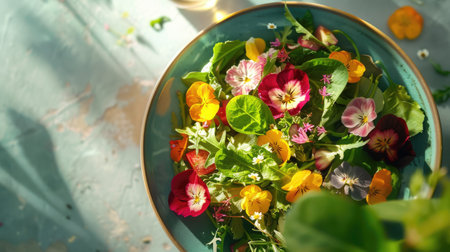 An artful arrangement of leafy greens and colorful flowers in a bowl, placed on a vibrant blue table. The natural landscape is enhanced with this beautiful botanical illustration AIG50の素材