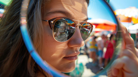A closeup shot of a person wearing glasses with a reflection of another person in the lenses, showcasing the importance of vision care and eye glass accessories AIG50の素材