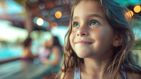 A child with a joyful facial expression sits at a table in a restaurant, smiling and having fun. She is adapting well, sharing moments of leisure during a travel event AIG50の素材