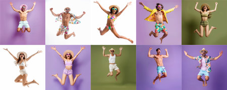 Summer people collection set, diverse people jumping on colorful background, many people funny jump wearing summer outfit fashion ready for swim and summer activity, summertime, beachwear AIG48の素材