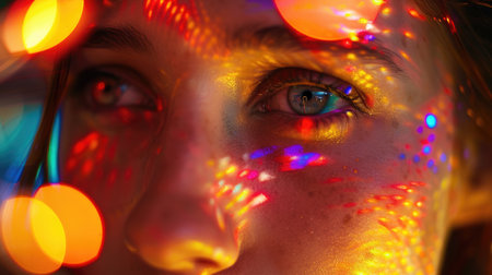 A mesmerizing portrait of a young woman with colorful bokeh lights reflecting on her face, creating a dreamy atmosphere.A womans eye reflecting a kaleidoscope of bokeh lights. AIG50の素材