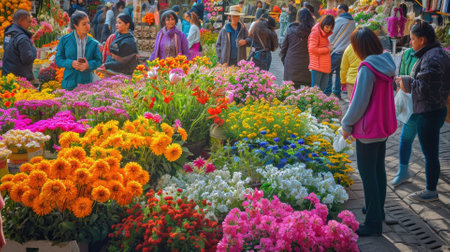 A bustling flower market scene featuring an array of colorful tulips and various spring flowers, with shoppers in the background. Resplendent.の素材