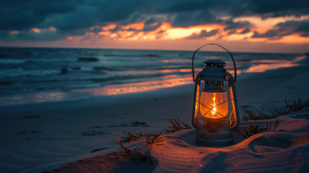 A lantern illuminates the beach as the sun sets, casting a warm glow over the water and sky. The landscape is transformed as dusk falls, creating a peaceful and picturesque scene for travelers AIG50の素材