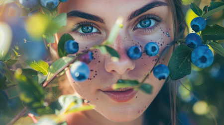 A woman with freckles is smiling in a field of electric blueberries, her nose wrinkled in happiness as she picks the fruit. Her eyelashes flutter with joy, jawline sharp in a gesture of contentmentの素材