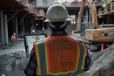 Civil engineer checking blueprint while standing at construction site. Professional architect or construction worker wearing safety helmet while looking at house structure and project plan. AIG42.の素材