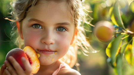A little girl with a peach in hand, surrounded by nature. Her nose twitches as she bites into the juicy fruit, her hair blowing in the breeze. Happy and content, she enjoys the natural food cravingの素材