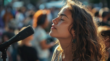 A blond woman is standing in a crowd, looking up at the sunlight with a happy gesture. She is enjoying the event, leisure, and entertainment with a hint of lens flare in her sight during her travelの素材
