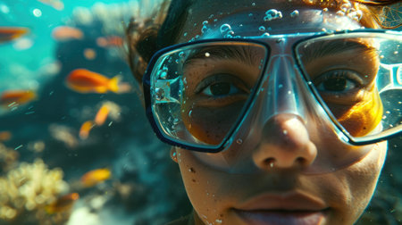 An organism wearing a diving mask for personal protective equipment is leisurely swimming underwater in the ocean, enjoying fun recreation in the electric blue water AIG50の素材